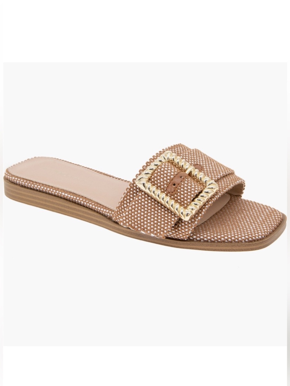 BCBGeneration Mollie Buckle Slide Sandal in Tan/Gold Size 8.5